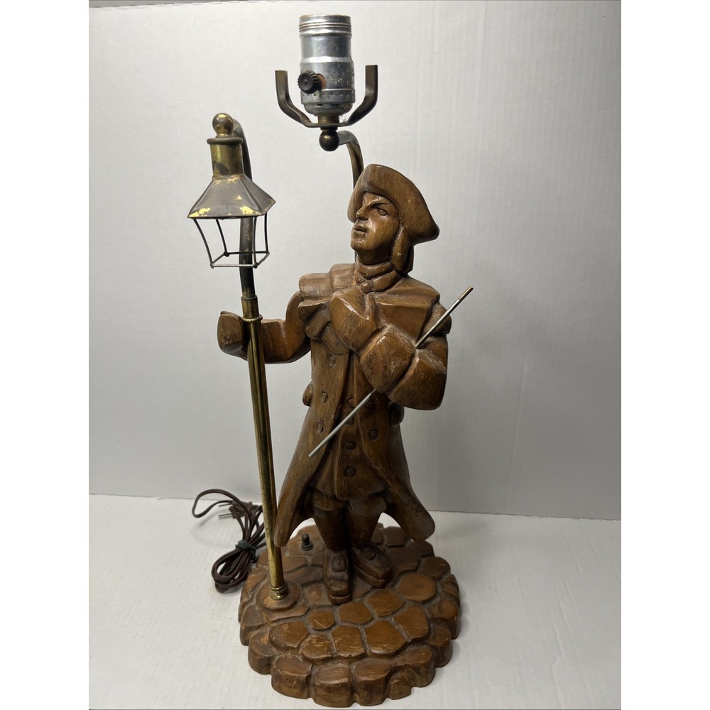 27" Hand Carved Wooden Colonial Man Holding A Lamplighter Table Lamp